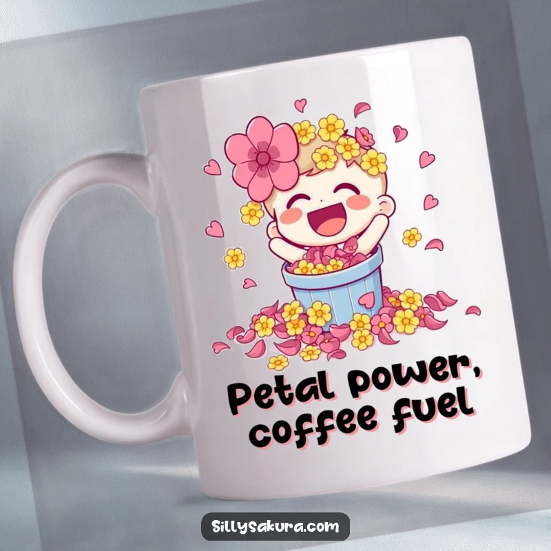 Funny mug showing a laughing character joyfully spilling a bucket of bright flower petals, full of vibrant energy.