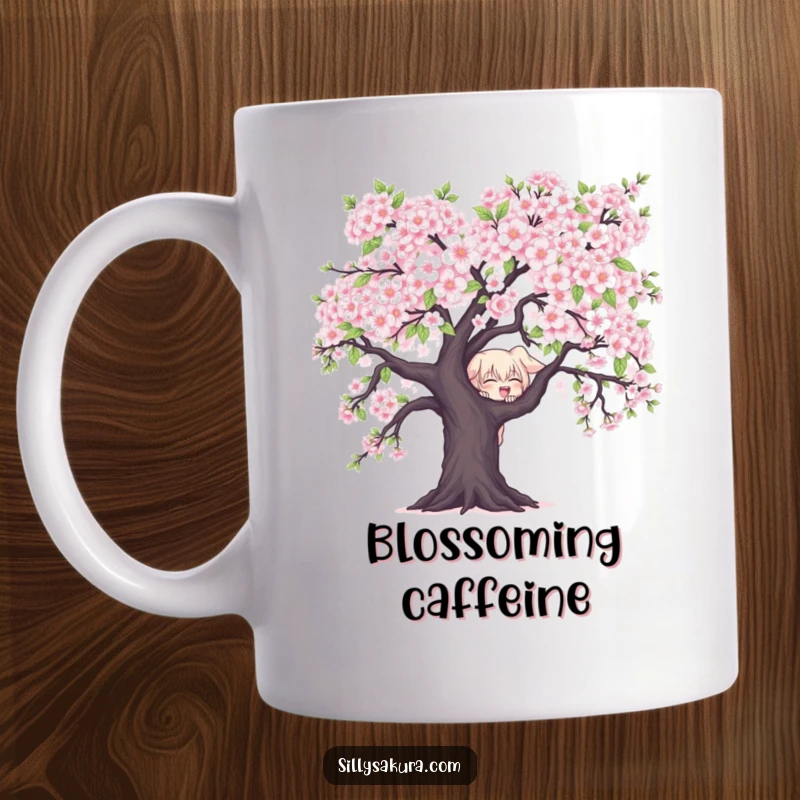 Funny Character Mug: A mischievous character playfully peeks from behind a large, blooming cherry blossom tree, sharing a secret.