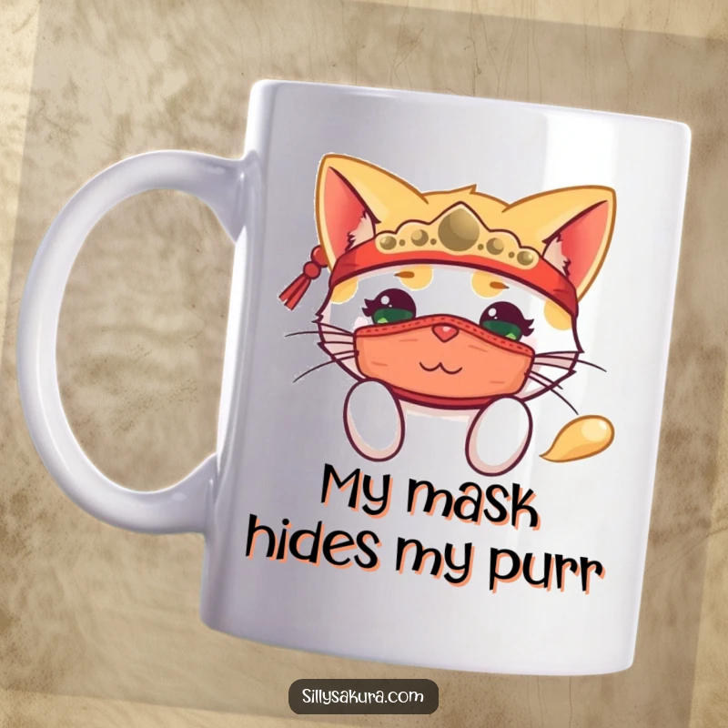 Funny mug featuring a happy cat wearing a traditional mask, playfully peeking out with mischievous eyes.