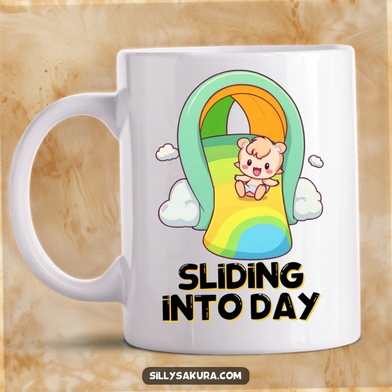 Funny rainbow slider mug, a happy figure playfully descending a bright, multi-colored rainbow slide, embodying pure, adventurous joy.