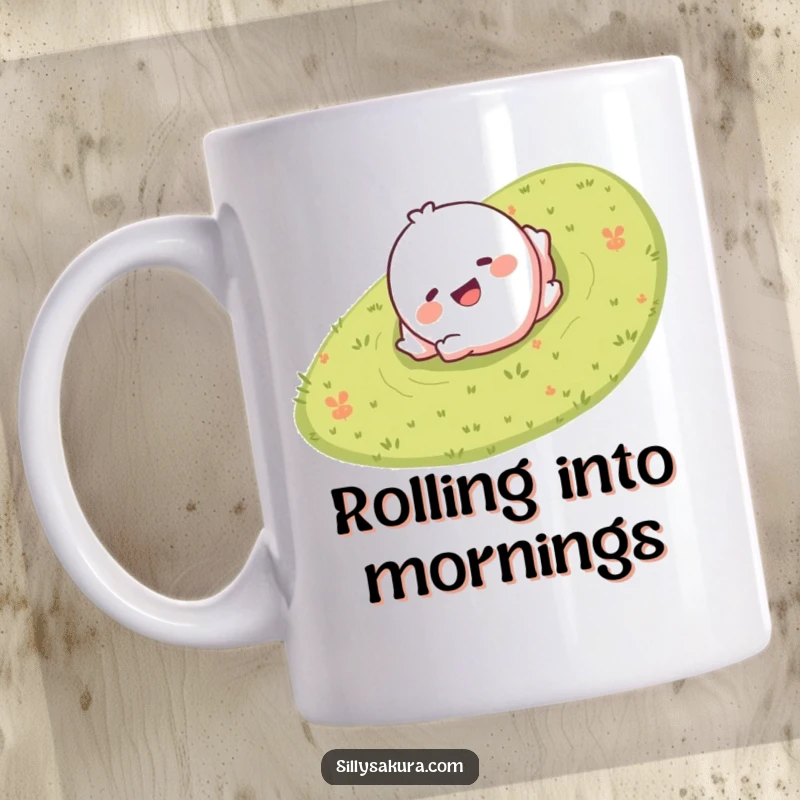 Funny mug with a giggling character smiling and playfully rolling down a grassy hill, capturing pure, carefree joy.
