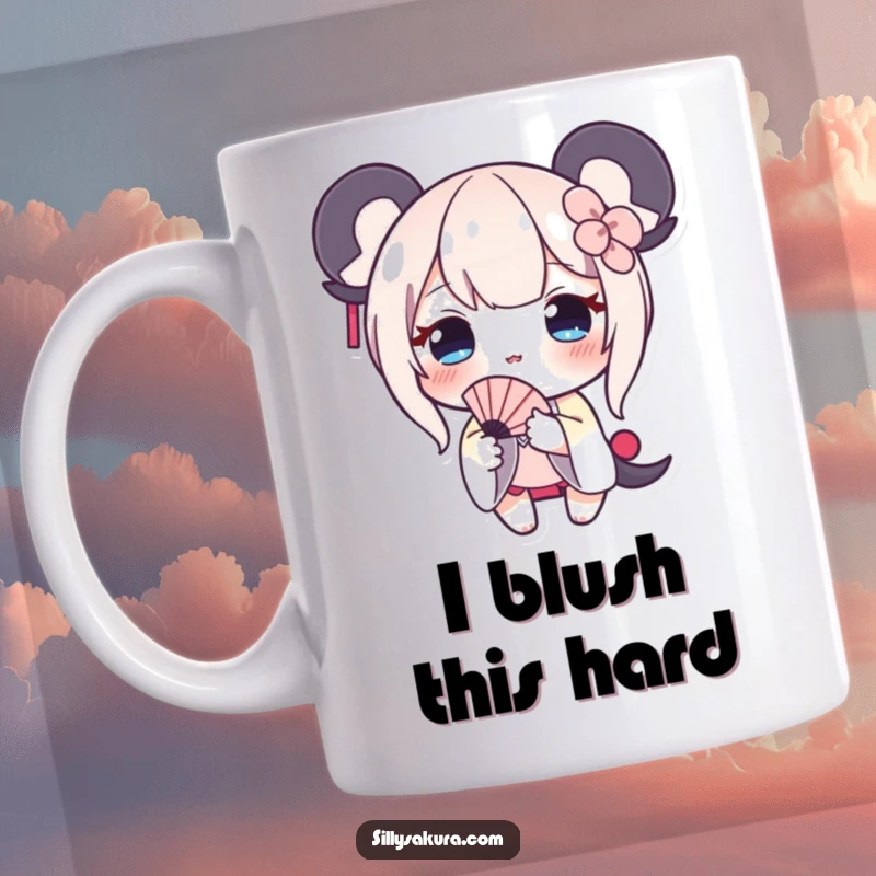Funny mug with a shy character blush, gently offering a tiny fan, designed for introverts and gift-givers.