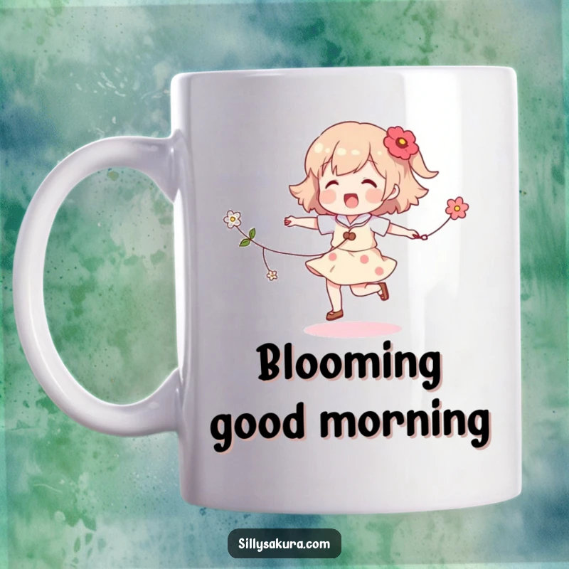 Funny skipping character mug, a cheerful figure joyfully jumping rope made of flowers, embodying playful energy and happiness.