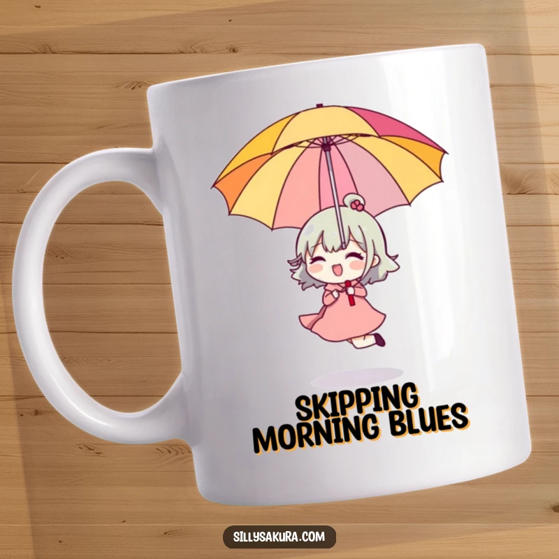 Funny Mug showing a character happily skipping with a bright umbrella held upside down, a humorous gift.
