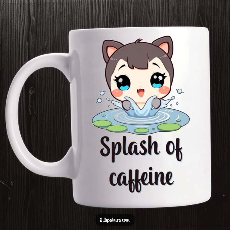 Funny Mug: A character with wide, delighted eyes gleefully splashes in a tiny pond, embodying pure water joy.