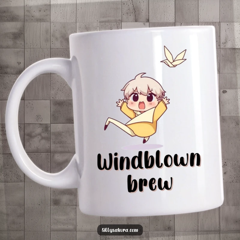 Funny Character Mug: A surprised character leaps back in shock and delight from a sudden, happy gust of wind.