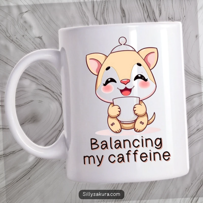 Funny smiling character with incredible focus, balancing a teacup perfectly on its nose, depicted on a humorous mug.