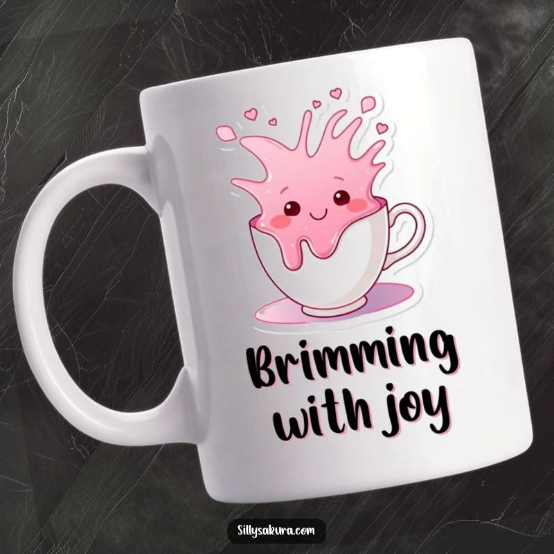 Funny mug depicting a smiling teacup character joyfully overflowing with a colorful, vibrant liquid.