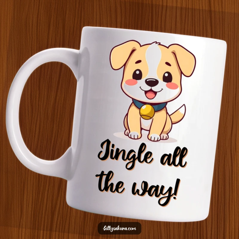 Funny mug showcasing a cute, happy dog wearing a small bell and wagging its tail with vigorous, joyful motion.