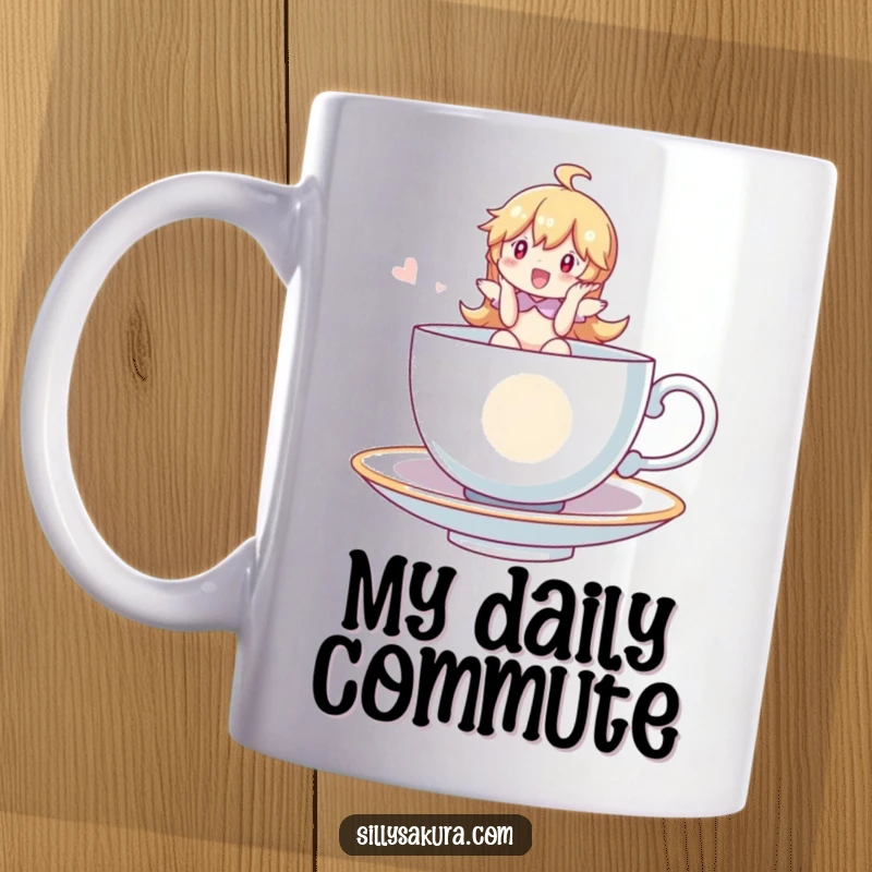 Funny Mug depicting a character cheerfully riding a whimsical, floating teacup, evoking a sense of magic and joy, a perfect humorous gift.