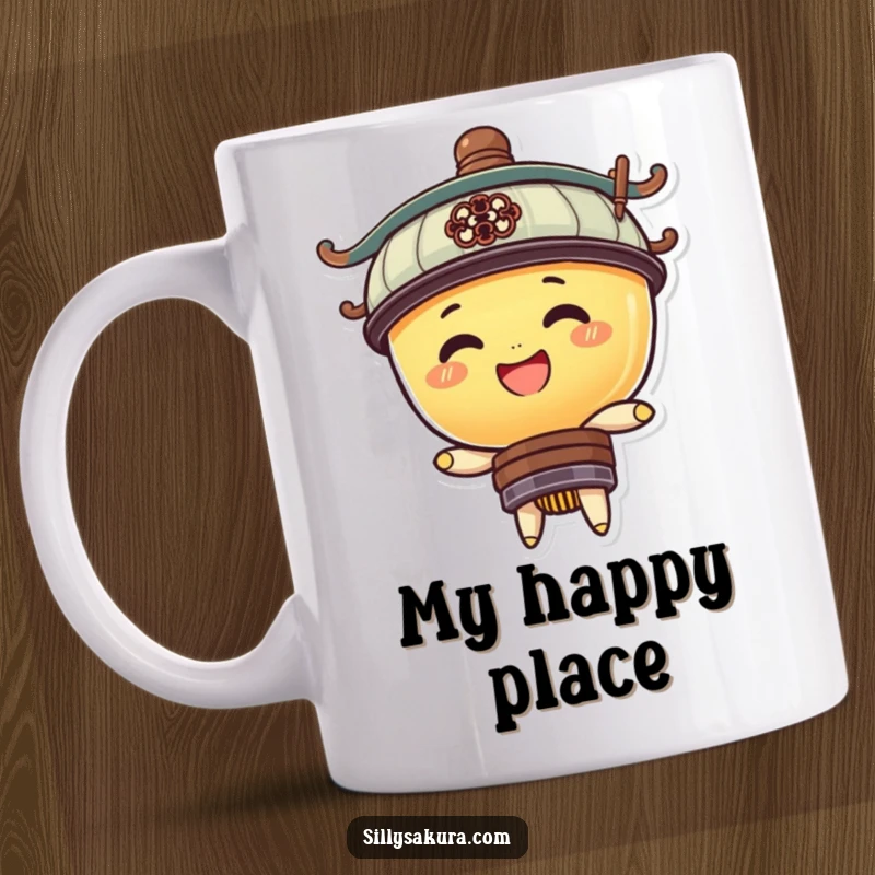 Funny mug featuring a round, smiling lantern character cheerfully bobbing up and down, radiating light and good vibes.