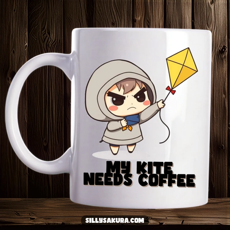 Funny mug showing a determined character frowning while struggling to fly a small kite, symbolizing persistence and humor.