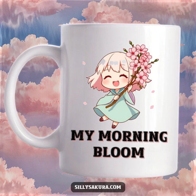 Funny mug depicting a joyful character spinning delightfully while holding a lush bouquet of exquisite pink blossoms, celebrating beauty and happiness.