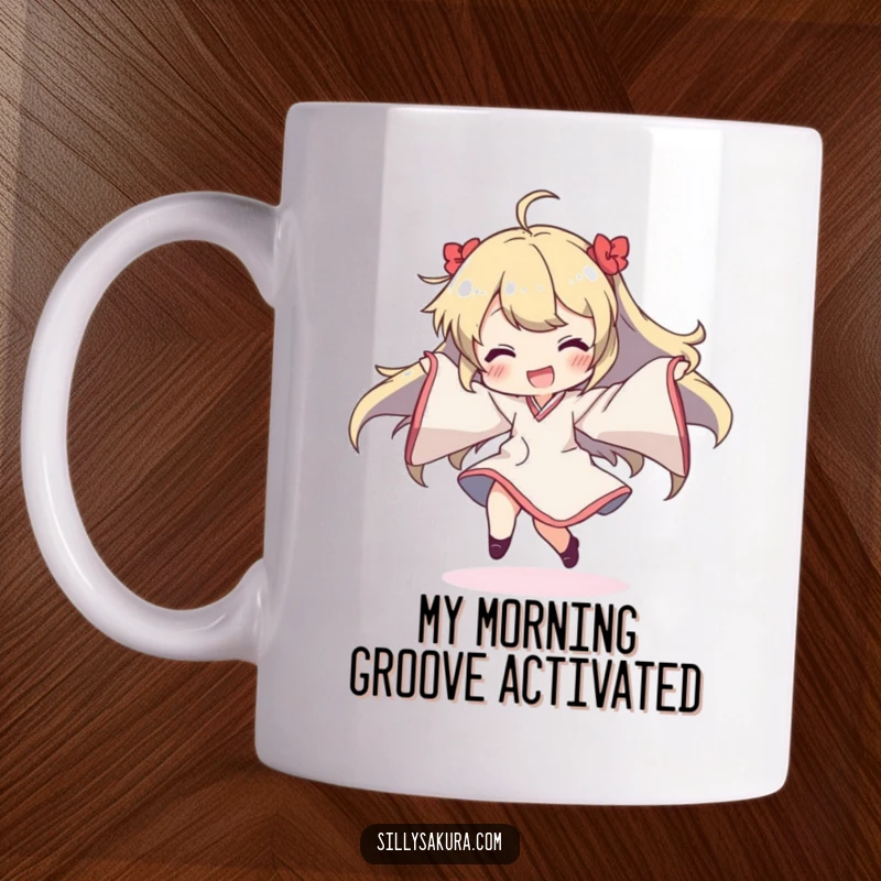 Funny mug with a character joyfully dancing, arms flailing wildly, sleeves creating a colorful blur, pure ecstatic movement.