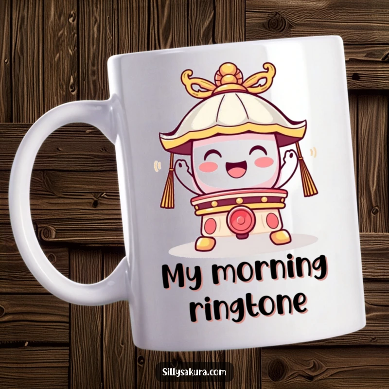 Funny temple bell mug with a cute character ringing joyfully, emanating positive vibes and humor.