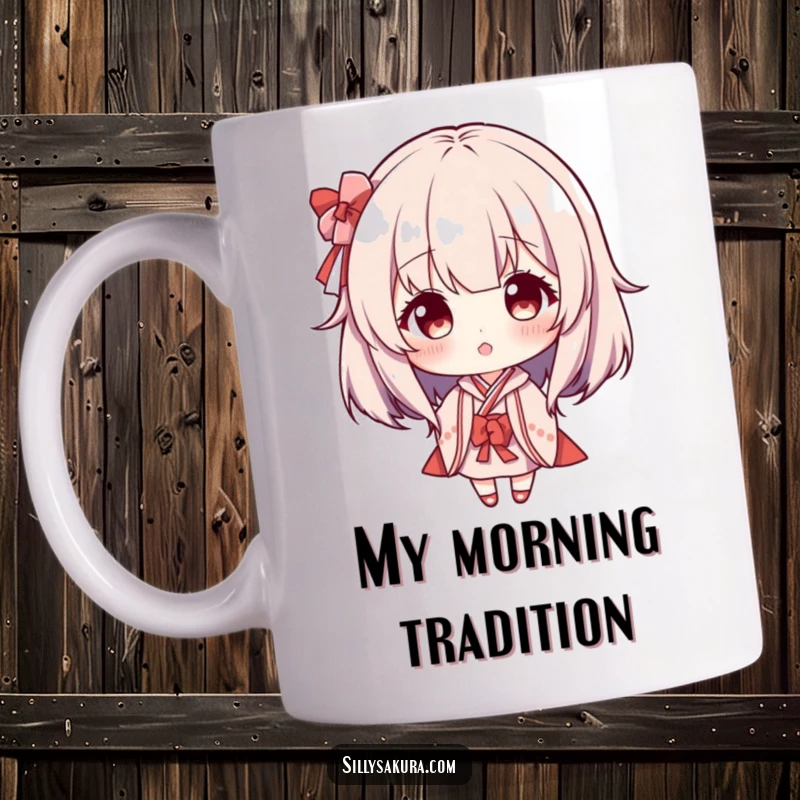 Funny Maiko Wig Mug: A character playfully sporting a tiny, cute Maiko wig with a mischievous grin.