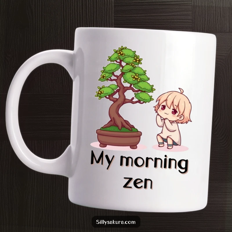 Funny mug featuring a character comically struggling to shape a tiny Bonsai tree, adding humor to gardening efforts.