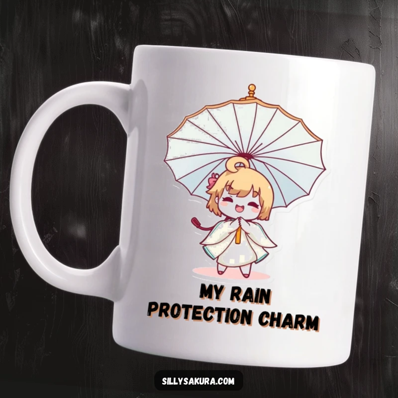 Funny Kawaii Umbrella Mug featuring a cute character joyfully twirling a large, decorative umbrella in a whimsical dance.