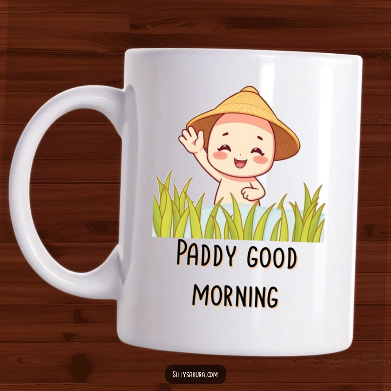 Funny mug: a smiling character in a straw hat waves enthusiastically from a vibrant rice paddy, evoking warmth and joy.