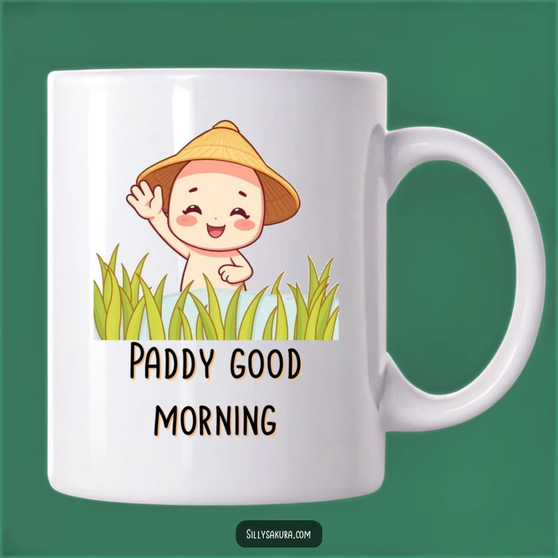 Funny Rice Paddy Character Mug - Cheerful Straw Hat Wave Gift