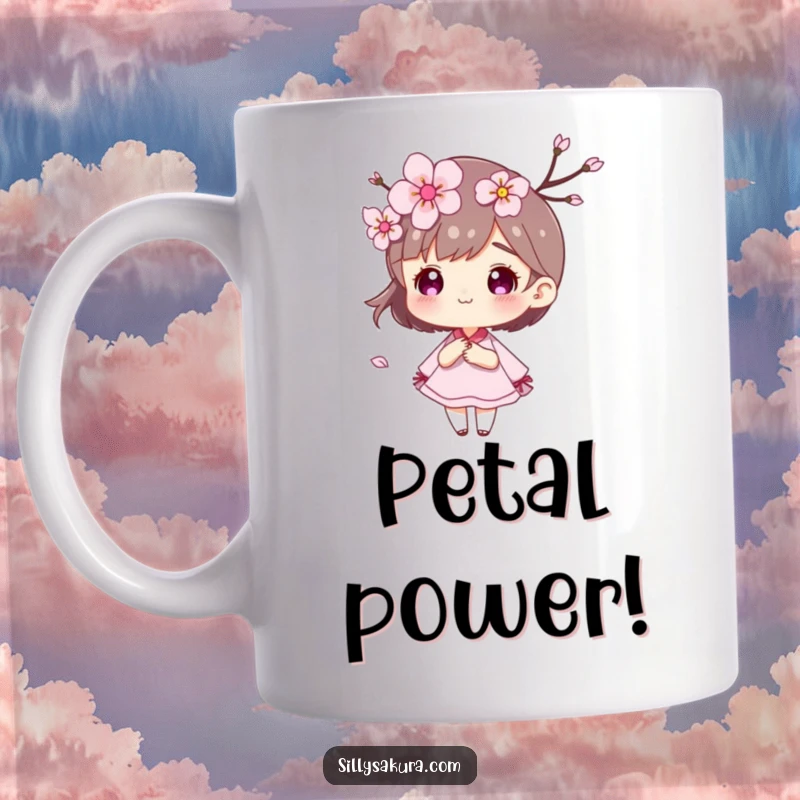 Funny Cherry Blossom Mug with a cute character surrounded by petals blowing gently in the wind.