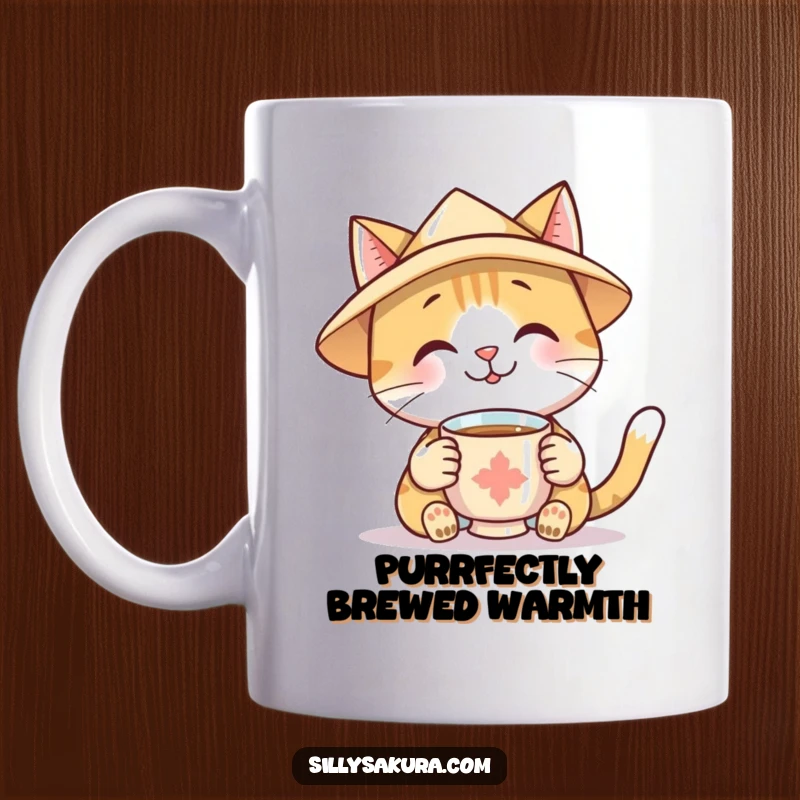 Funny Mug featuring a smiling cat character in a paper hat, politely offering a cup of tea, radiating warmth and charm.