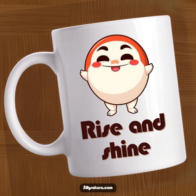 Funny mug showcasing a happy Daruma doll character determinedly wobbling but standing tall with a confident smile.