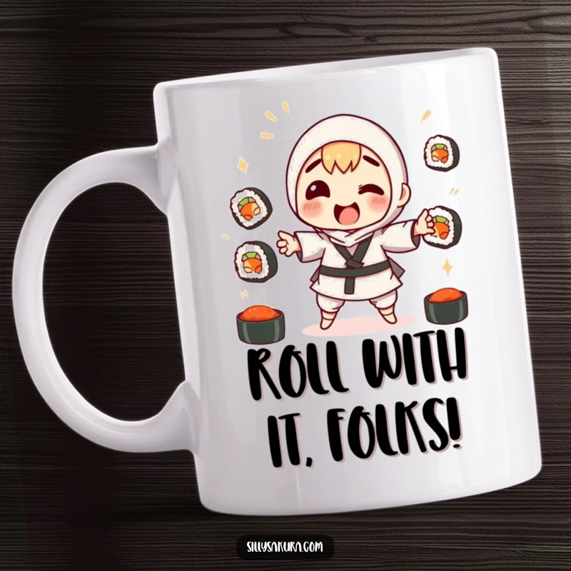 Funny mug showing a cartoon character comically failing to juggle multiple sushi rolls, spilling soy sauce, perfect for foodies.