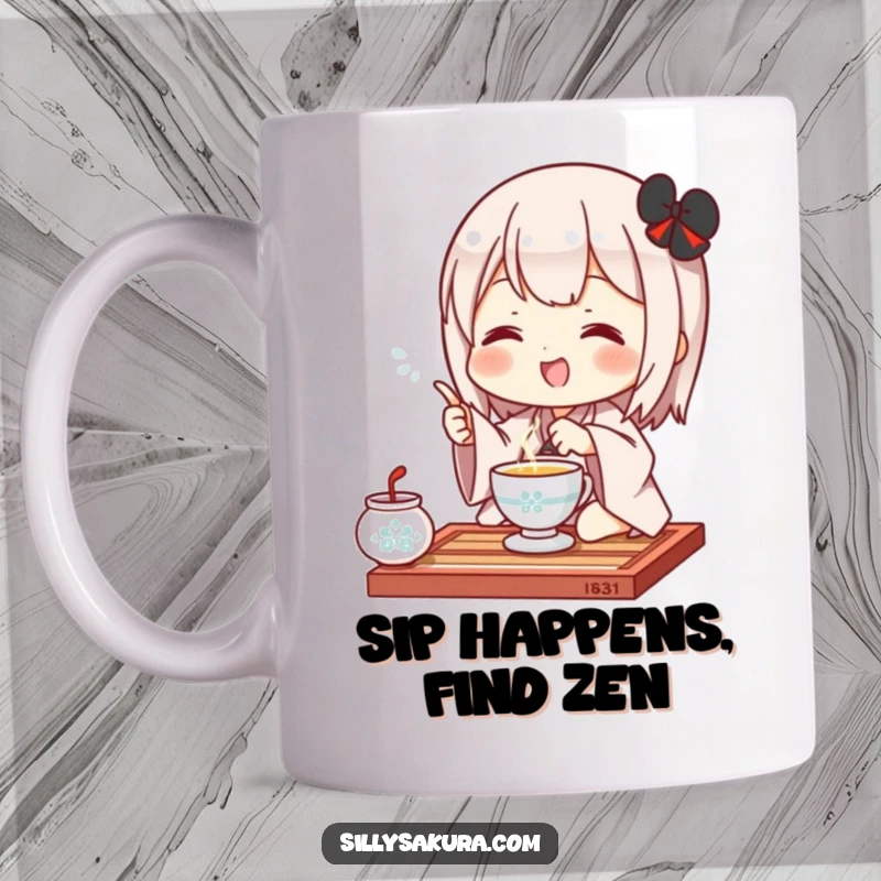 Funny Kawaii Mug featuring a cute character gracefully performing a tea ceremony gesture, pouring with joy, perfect for tea lovers gift.