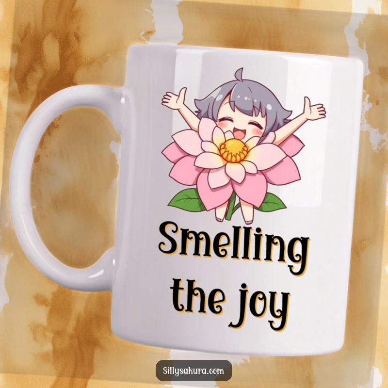 Funny mug shows a character with open arms joyfully embracing a large, beautiful flower.