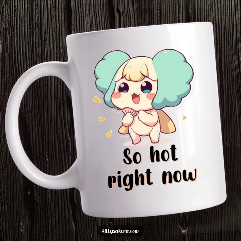 Funny mug depicting a character comically fanning themselves vigorously with a large leaf, sweating profusely.