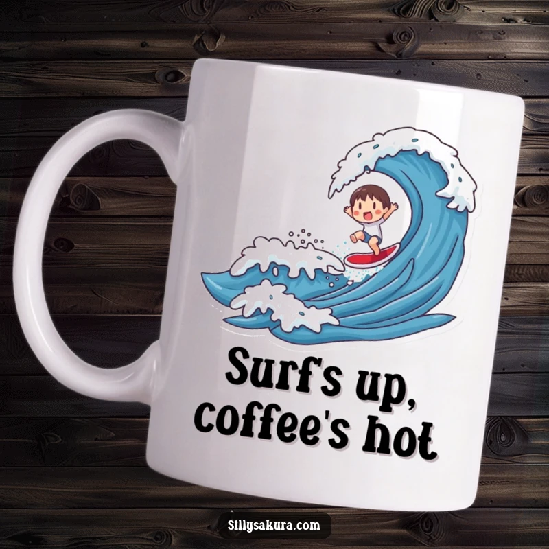 Funny mug featuring a cartoon character joyfully surfing a big stylized wave, heading to shore with excitement and a big grin.