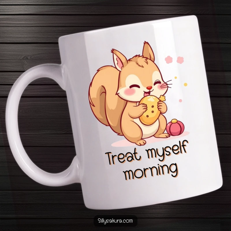 Funny Squirrel Mug featuring a tiny squirrel character excitedly hiding a festival treat, embodying playful mischief and anticipation.