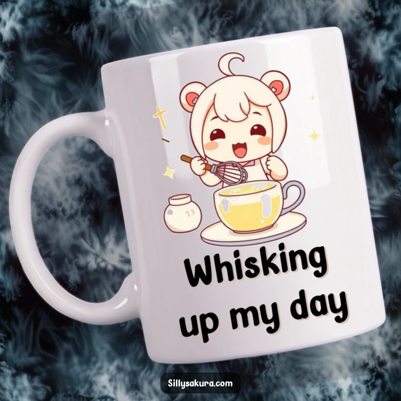 Funny Kawaii Tea Mug featuring a cute character enthusiastically whisking tea, creating a sense of calm preparation.
