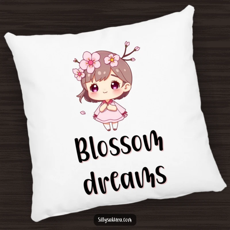 Funny Cherry Blossom Pillow with a character and delicate petals caught in a soft, artistic wind.