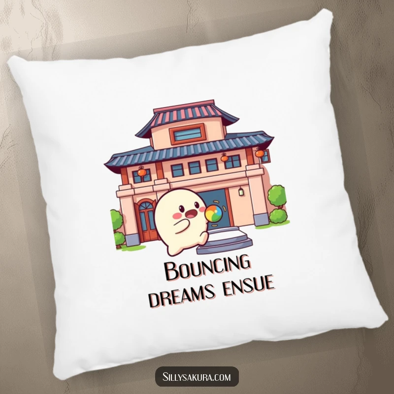 Funny Pillow featuring a rounded character playfully bouncing a colorful ball against a building, offering humorous decor.