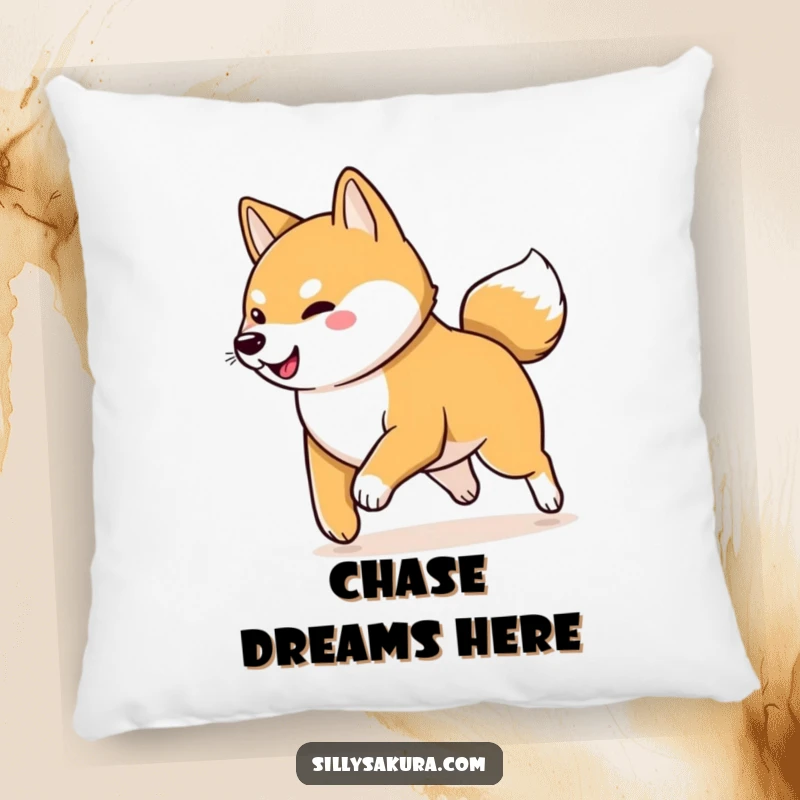 Funny Shiba Inu Pillow: A soft cushion featuring a playful Shiba Inu character chasing its wagging tail, offering comfort and humor.