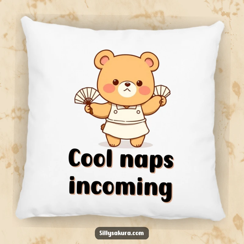 Funny Pillow showing a tiny bear chef in an apron, fanning themselves with enthusiasm, offering soft comfort and a humorous vibe.