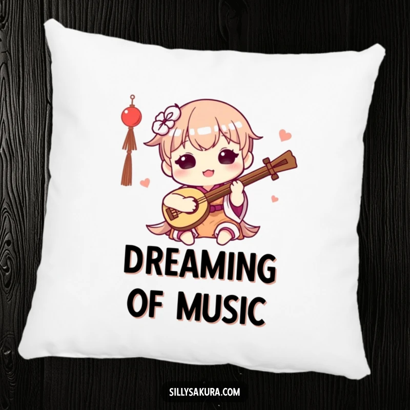 Funny Kawaii Pillow. A cute character happily plays a small traditional instrument, adding comfort and musical charm.