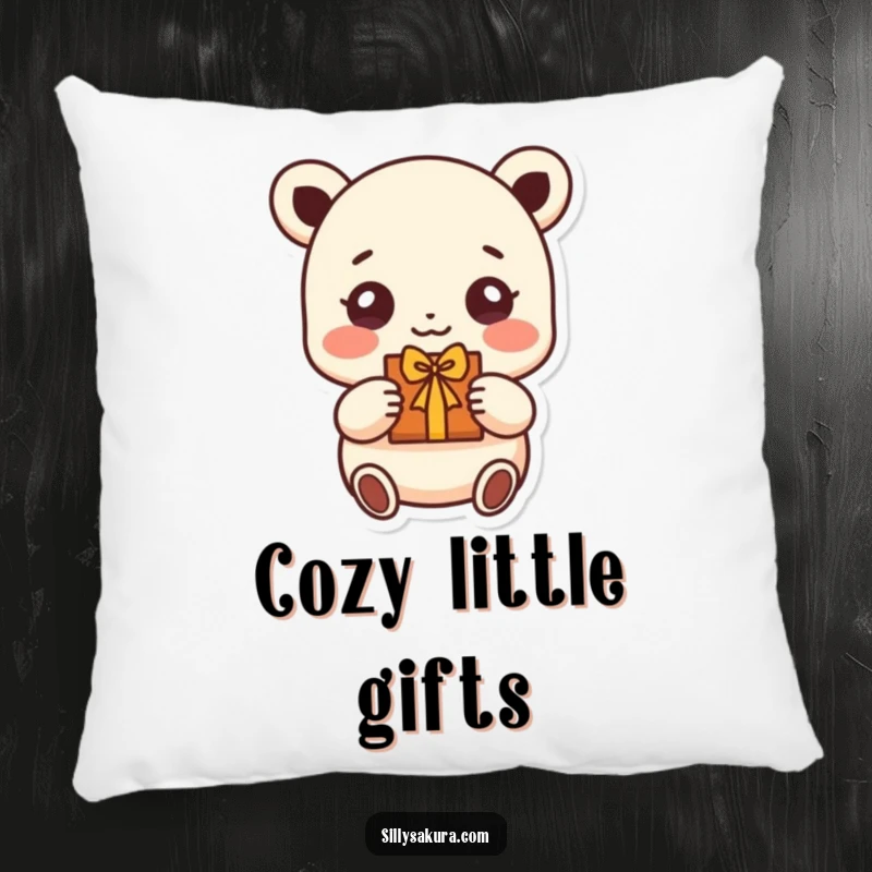 Funny pillow featuring a small character with bright, beaming eyes, offering a handmade gift, perfect for adding cheer and comfort.