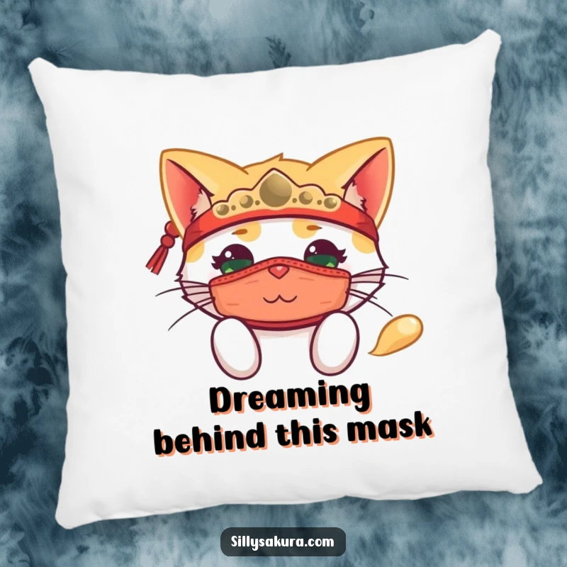 Funny pillow with a happy cat wearing a traditional mask, playfully peeking out, adding a touch of mystery.
