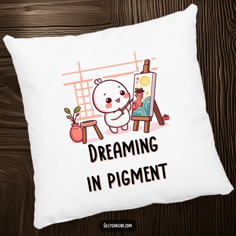 Funny Kawaii Artist Pillow showing a cute, round character happily painting a traditional artwork, a cozy artistic touch.