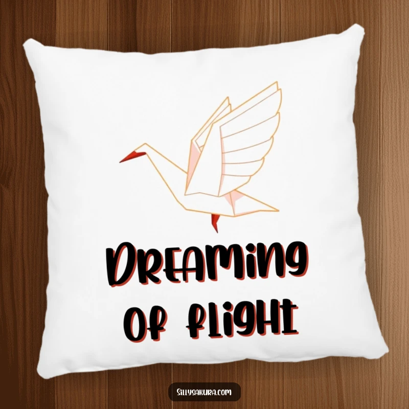 Funny Origami Pillow with a paper crane character gracefully taking flight, perfect for serene comfort.