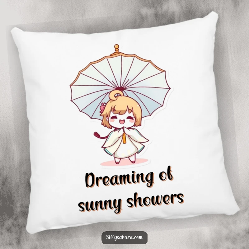 Funny Kawaii Umbrella Pillow showing a cute character joyfully spinning a decorative umbrella, adding comfort and charm.