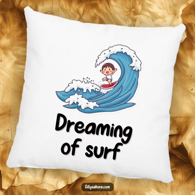 Funny pillow featuring a character enjoying a ride on a stylized wave, designed for comfort and coastal-themed humorous decor.