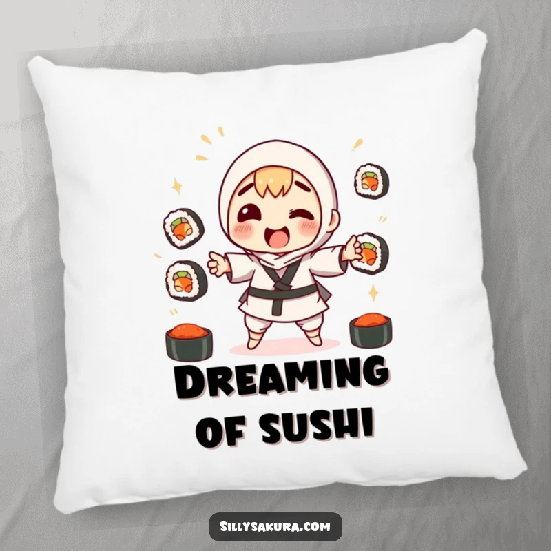 Funny pillow showing a character comically dropping sushi rolls while attempting to juggle, ideal for sofa decor.