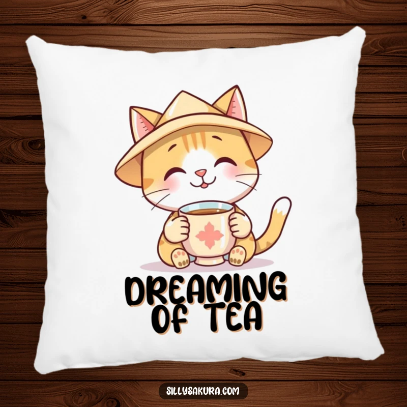 Funny Pillow featuring a smiling cat character in a paper hat, offering a cup of tea, soft, plush, and full of charm.