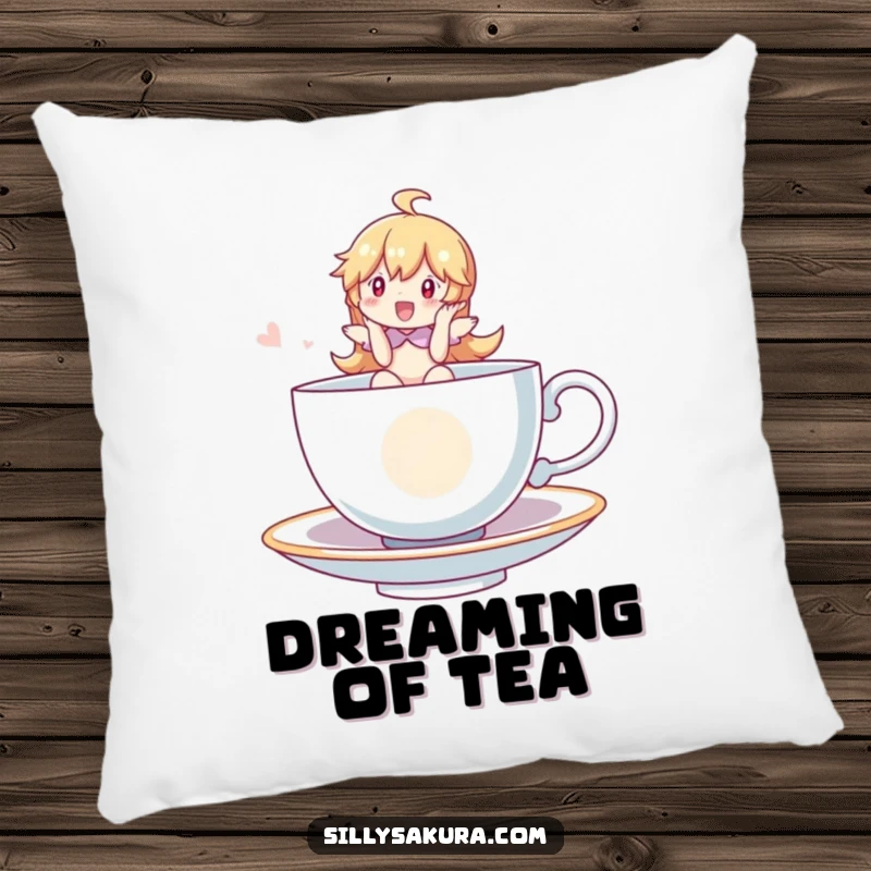 Funny Pillow featuring a character happily riding a floating teacup, designed for comfort and adding a whimsical, humorous touch to any room.