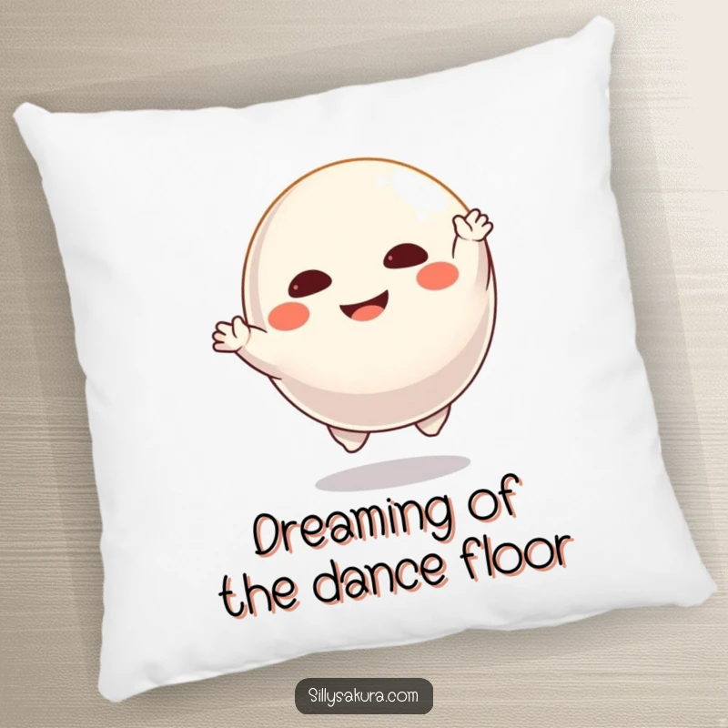 Funny Daruma pillow featuring a floating character joyfully dancing, offering comfort and a touch of energetic art.