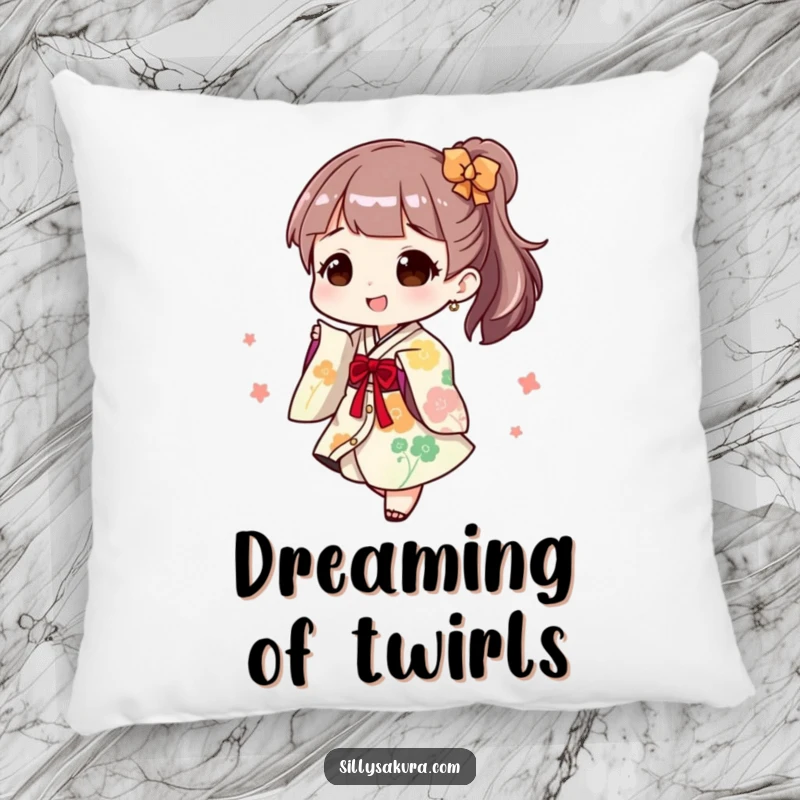 Funny Pillow: A character joyfully twirls in a playful kimono, offering a soft and humorous decorative accent.
